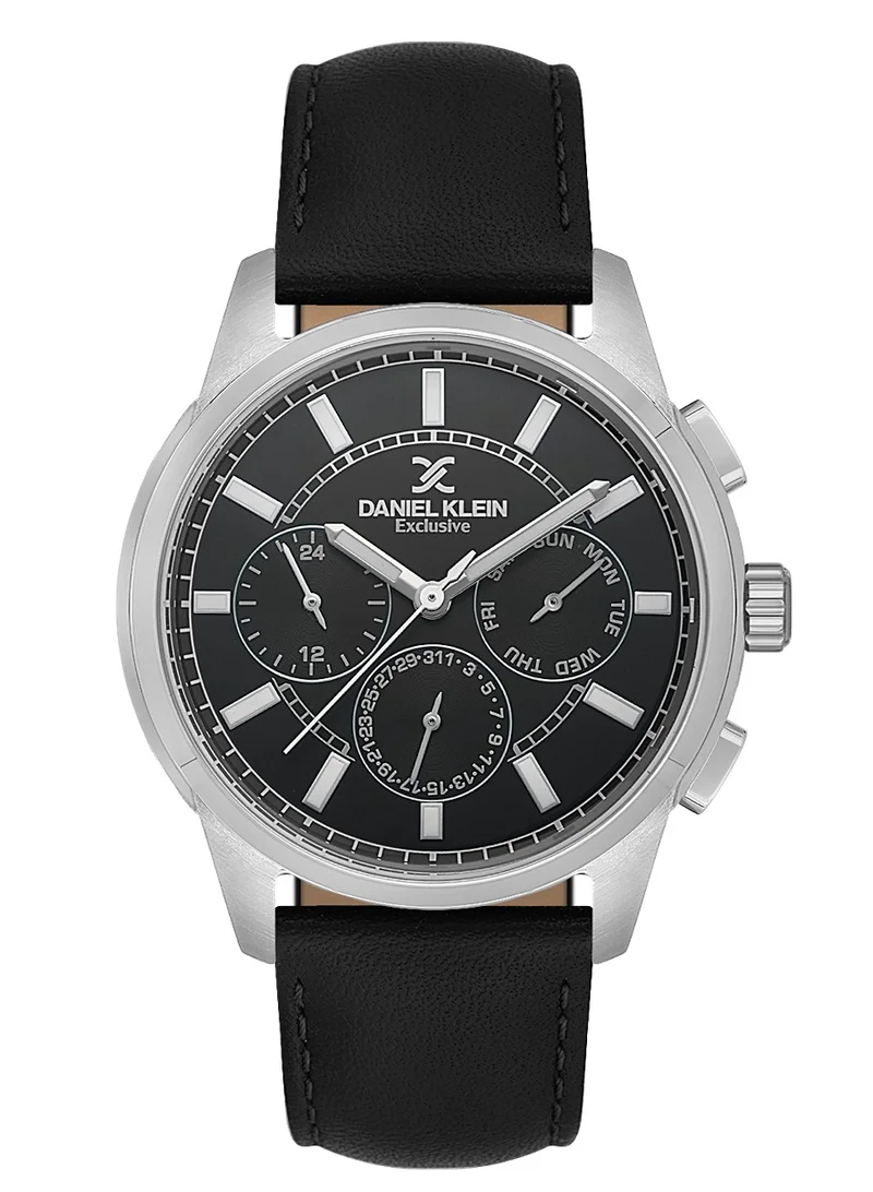 DANIEL KLEIN Men's Leather Silver Alloy Case Analog Black Round Sunray Dial Japanese Quartz Exclusive 50 Meters Water Resistant